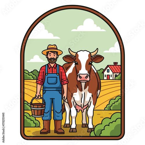 Cheerful farmer holding milk bucket stands beside contented cow in sunlit field with farm house background
