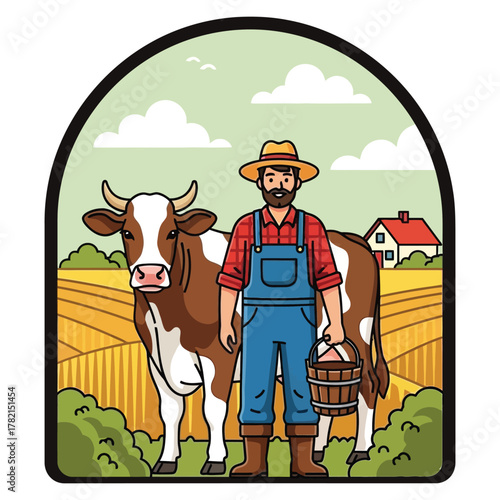 Proud farmer with dairy cow and fresh milk pail, celebrating agricultural bounty in a picturesque rural landscape