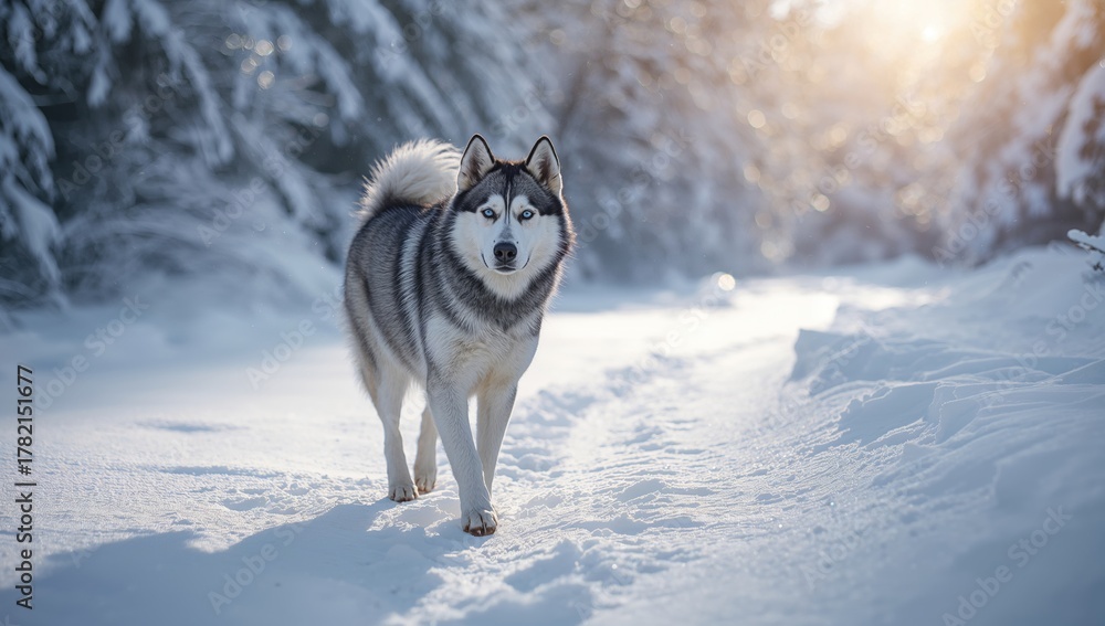 Naklejka premium Husky dog trotting through a snowy woodland, showcasing the beauty of winter exploration