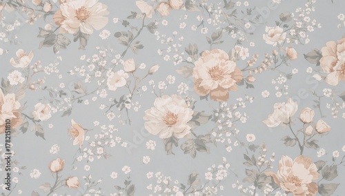 Floral design, delicate blooms on a muted gray-blue backdrop, suitable for textile applications