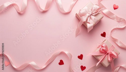 An overhead view features Valentine's Day decor with intricate silk ribbons, small gift boxes with bows, and heart motifs, emphasizing seasonal celebration.