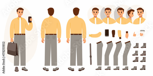Man character creation kit with different poses and clothing options for animation and design