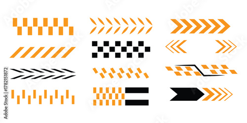 Set of racing stripes and chevron arrow design icon vector. vehicle decals, sports graphics, motion elements, UI indicators, and speed themed symbol. vector illustration.