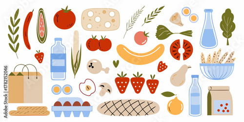 A colorful flat illustration of various food items and groceries arranged in a playful pattern