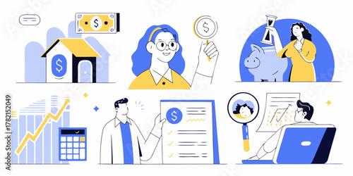 Financial planning and investment concepts illustrated with people analyzing data and managing money
