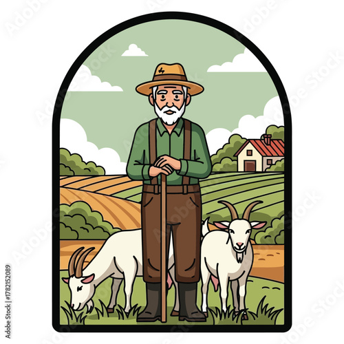 Proud farmer standing with his goats amidst a picturesque rural landscape and charming farmhouse, embodying authentic country living and agricultural heritage.