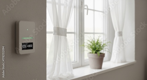 A wall-mounted CO2 monitor reading <800 ppm next to a bright window with white curtains and a potted plant on the windowsill