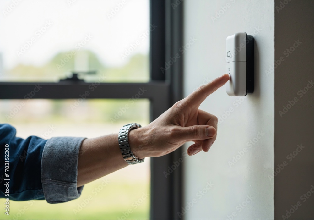Obraz premium A hand turns the knob of a wall-mounted CO2 controller in a bright room next to a window 