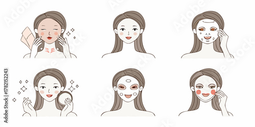 Woman s skincare routine steps including cleansing masking and makeup application