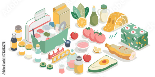 Isometric collection of fresh food items and kitchen essentials arranged on a black background