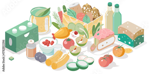 A vibrant isometric illustration of fresh produce and food items arranged in a delightful composition