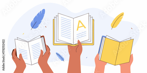 Diverse hands holding open books with feathers floating around symbolizing knowledge and learning