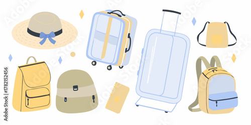 Collection of travel essentials including luggage backpacks a hat and passport for vacation and adventure