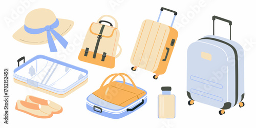 Collection of travel essentials including suitcases backpacks hat shoes and a toiletry bag on a white background