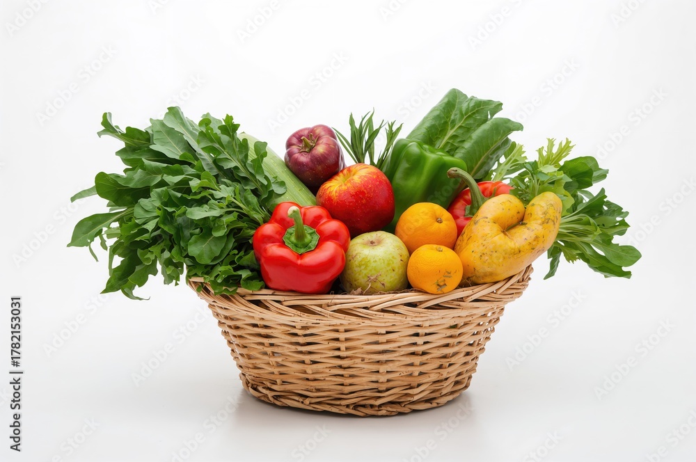 Fototapeta premium Assortment of organic fruits and vegetables arranged in a woven basket against a white background