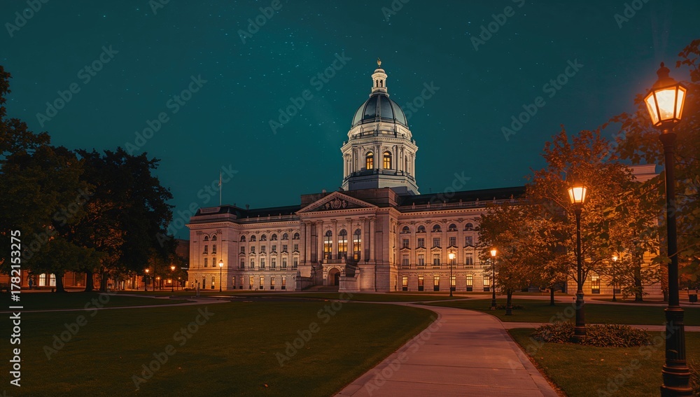 Fototapeta premium Night view of the provincial parliament building at the main city park