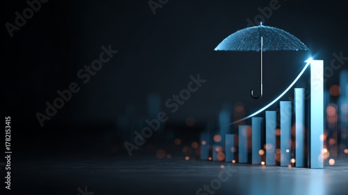 Guarding the digital frontier: a visual ode to cybersecurity. Revenue increase. Subtle cyber protection: laptop under a glowing umbrella representation. Revenue forecast. Investment growth.