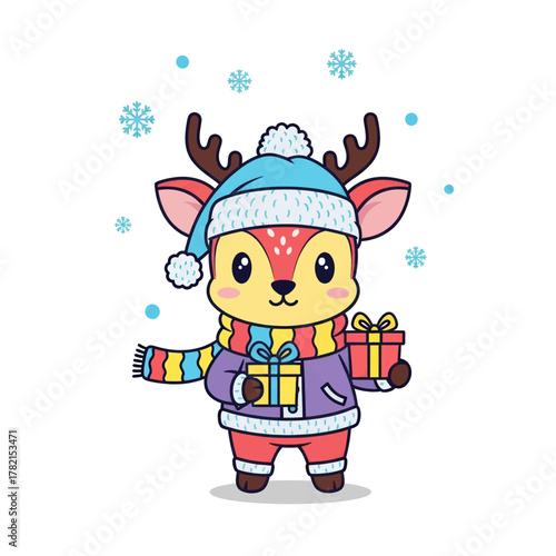 Cute cartoon deer wearing winter hat and scarf, holding two Christmas gifts with snowflakes falling.