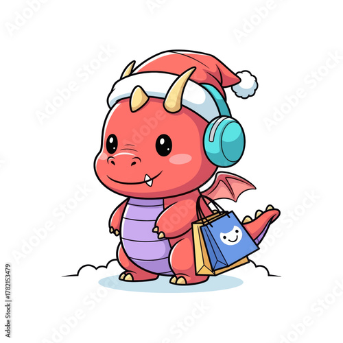 Cute red dragon wearing a Santa hat and headphones holding shopping bags.