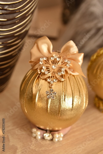 Handmade Christmas tree ornaments, gold bauble with crystals