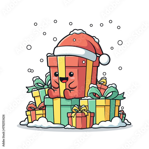 A cute, anthropomorphic Christmas gift box wearing a Santa hat, sitting atop a pile of presents in the snow.