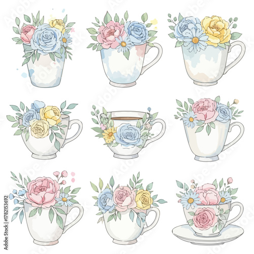 Vintage Floral Vector Pattern with Pastel Roses and Leaves in Elegant Watercolor Style