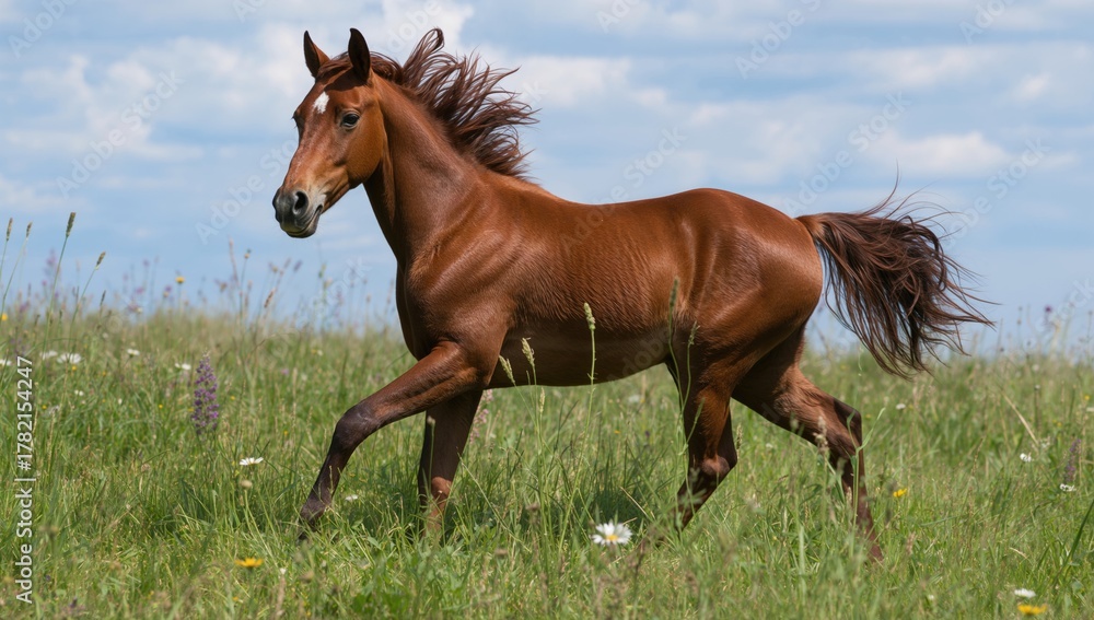 Obraz premium Bay horse galloping across the meadow, showcasing freedom and vitality