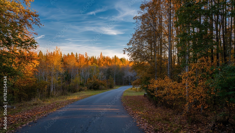 Fototapeta premium Autumn landscape along a forest road, showcasing seasonal change