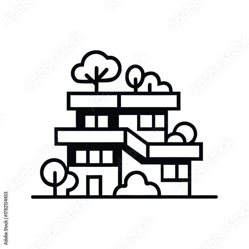 Conceptual multistory building with trees and open spaces graphic illustration