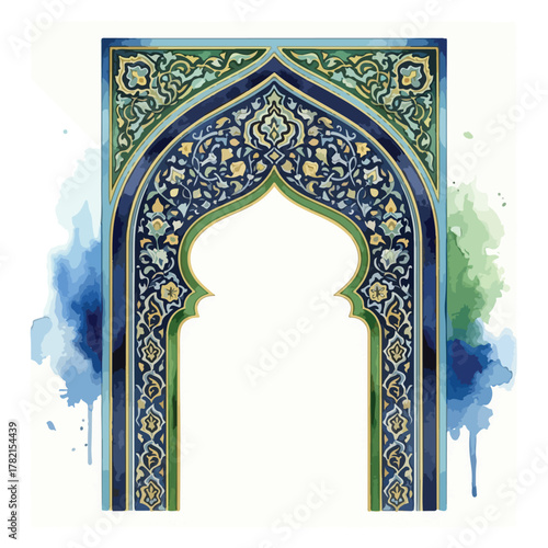 Vector Pattern Islamic Arch with Ornamental Floral Elements in Traditional Geometric Style in Blue Green and Gold Colors