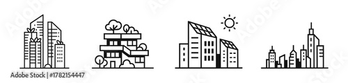 Four Abstract Cityscape Icons Showing Modern Architecture and Sustainable Design