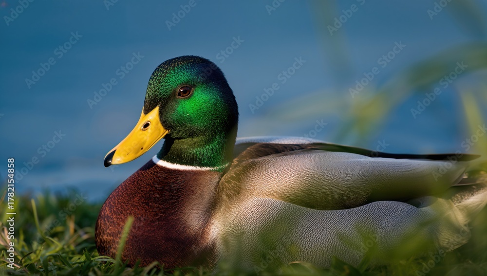 Obraz premium Close-up of a male wild duck taking a break