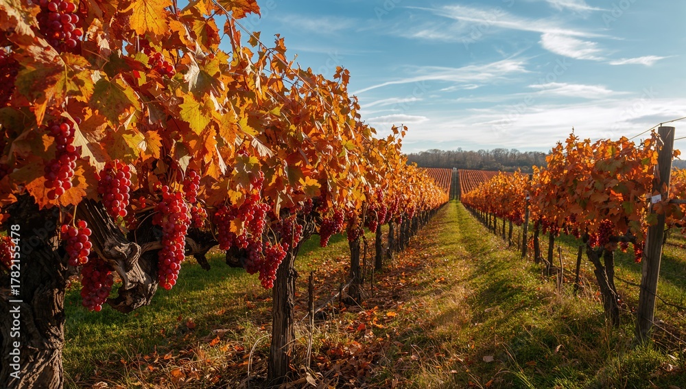 Naklejka premium Fall Scene Featuring Crimson Grapes in a Vineyard