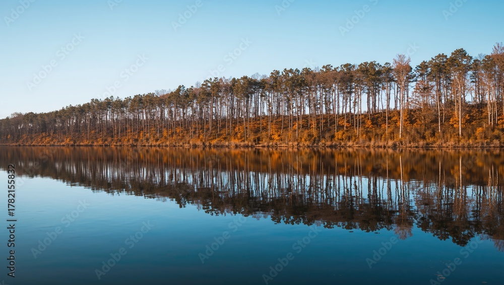 Fototapeta premium A tranquil lake mirrors a row of trees adorned with early fall hues under a clear sky.