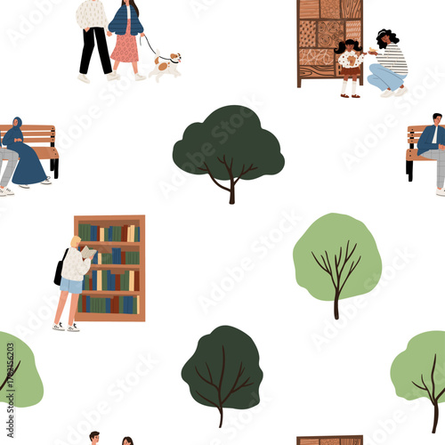 Seamless pattern with diverse people in city park clipart. Multicultural characters reading books, walking dogs, relaxing on benches among trees, greenery. Diversity community in harmony with nature.