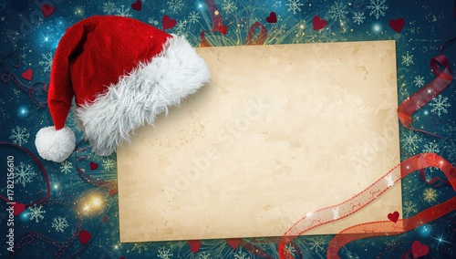 Vintage letter to Santa on old parchment with festive hat and colorful glow, abstract Christmas postcard background with ribbon and heart design