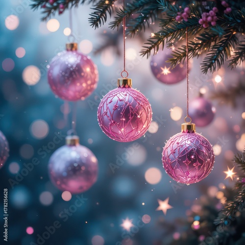 Pink purple glass christmas baubles hanging on green pine tree branch with soft dreamy bokeh