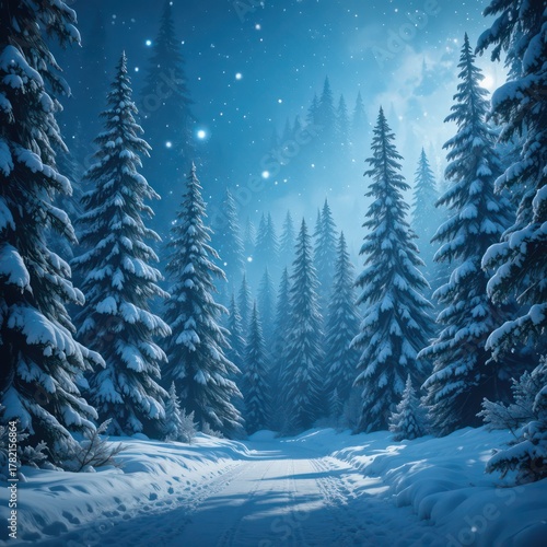 Beautiful snowy winter forest landscape with tall pine trees covered in cold frost