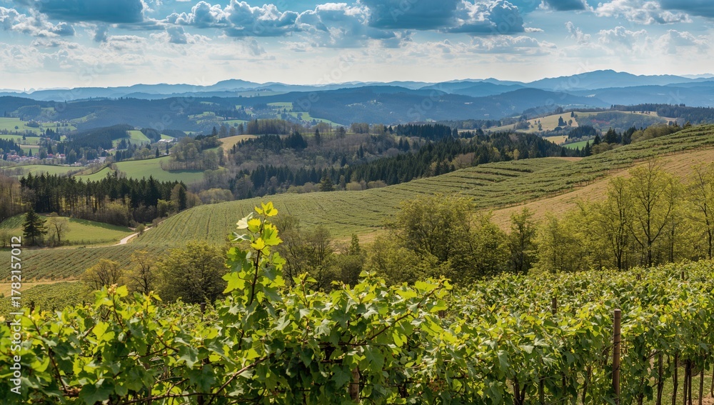 Fototapeta premium Scenic vineyard hills during springtime along a wine route, ideal for travelers.