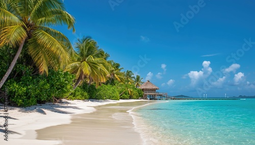 Fototapeta Naklejka Na Ścianę i Meble -  Caribbean shoreline featuring palm trees and a wooden house, ideal for relaxation and tropical getaway