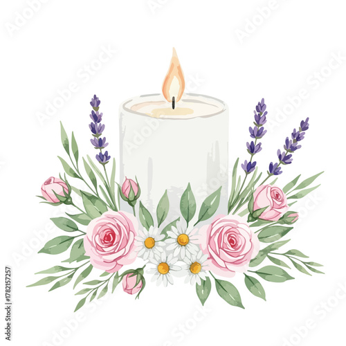 Vector Illustration of Candle with Floral Arrangement in Vintage Style with Pink Roses Lavender and Daisies
