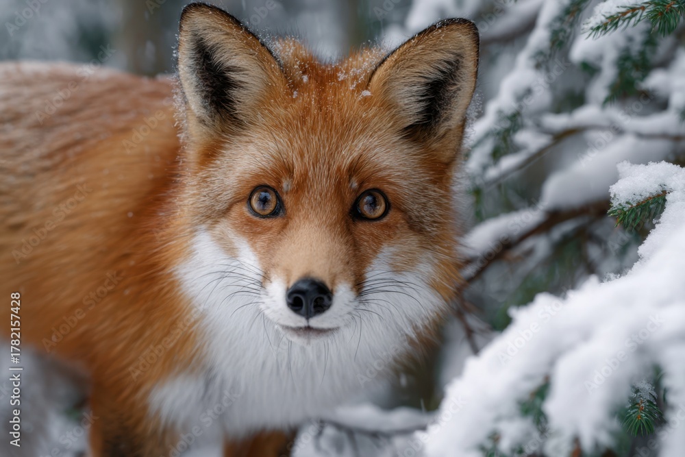 Obraz premium Red fox encounters soft snow in a winter forest setting during daylight