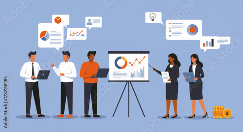 Diverse analysts debating metrics around tripod chart while dashboards float as bubbles, quarterly performance insights discussion