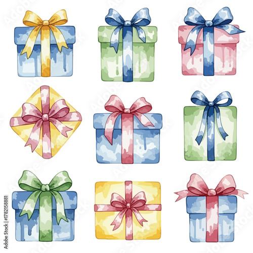 Vector Pattern of Watercolor Gift Boxes with Ribbons in Pastel Colors in Modern Decorative Style