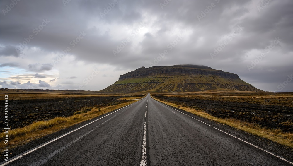 Fototapeta premium Barren Icelandic landscape with an empty road, highlighting erosion risk
