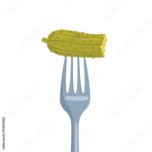 Bitten pickle on a fork. Pickled cucumber appetizer. Fermentation of vegetables. Food vector illustration isolated on white background.