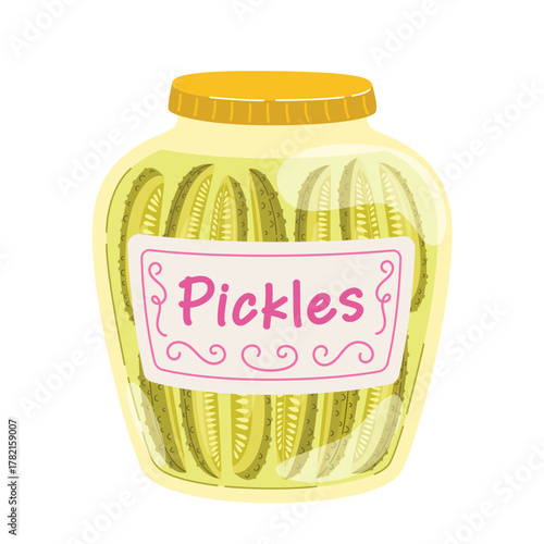 Jar of pickles slices. Pickled cucumbers slices in a glass jar. Fermentation of vegetables. Food vector illustration isolated on white background.