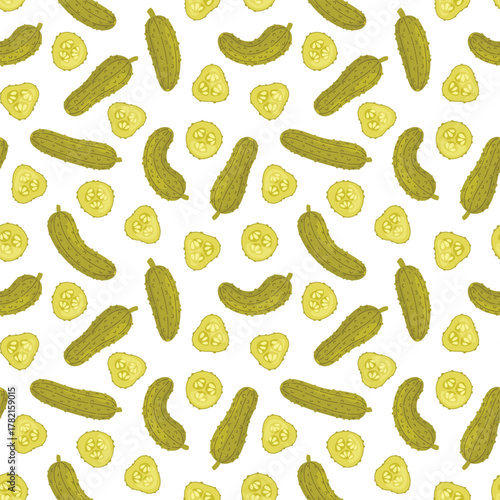 Pickles seamless pattern. Pickled cucumbers and cucumber slices on white background. Fermentation of vegetables. Food vector illustration
