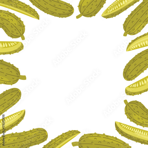 Pickles square frame. Pickled cucumbers an cucumber slices border. Fermented vegetables decoration. Food vector illustration isolated on white background.