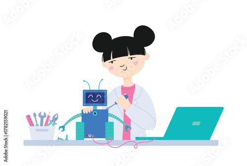 Asian girl student makes a robot at engineering lesson. Girls learn STEM. Robot project construction and engineering learning at school. Knowledge for all. School study time vector illustration